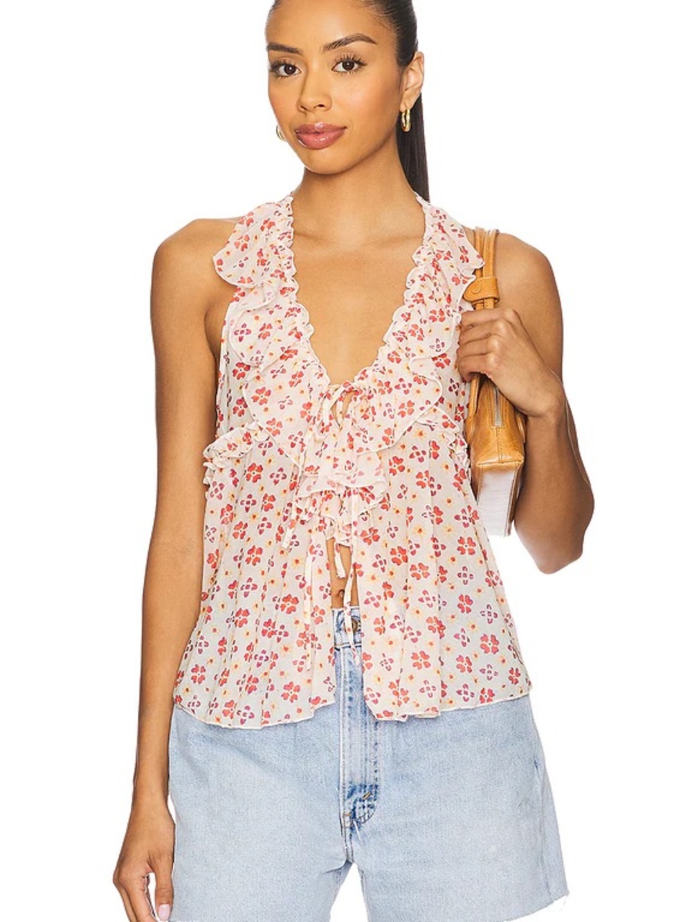 NWT Free People Cream Ruffle Tie-Front Floral Camisole with Pink/Red Print